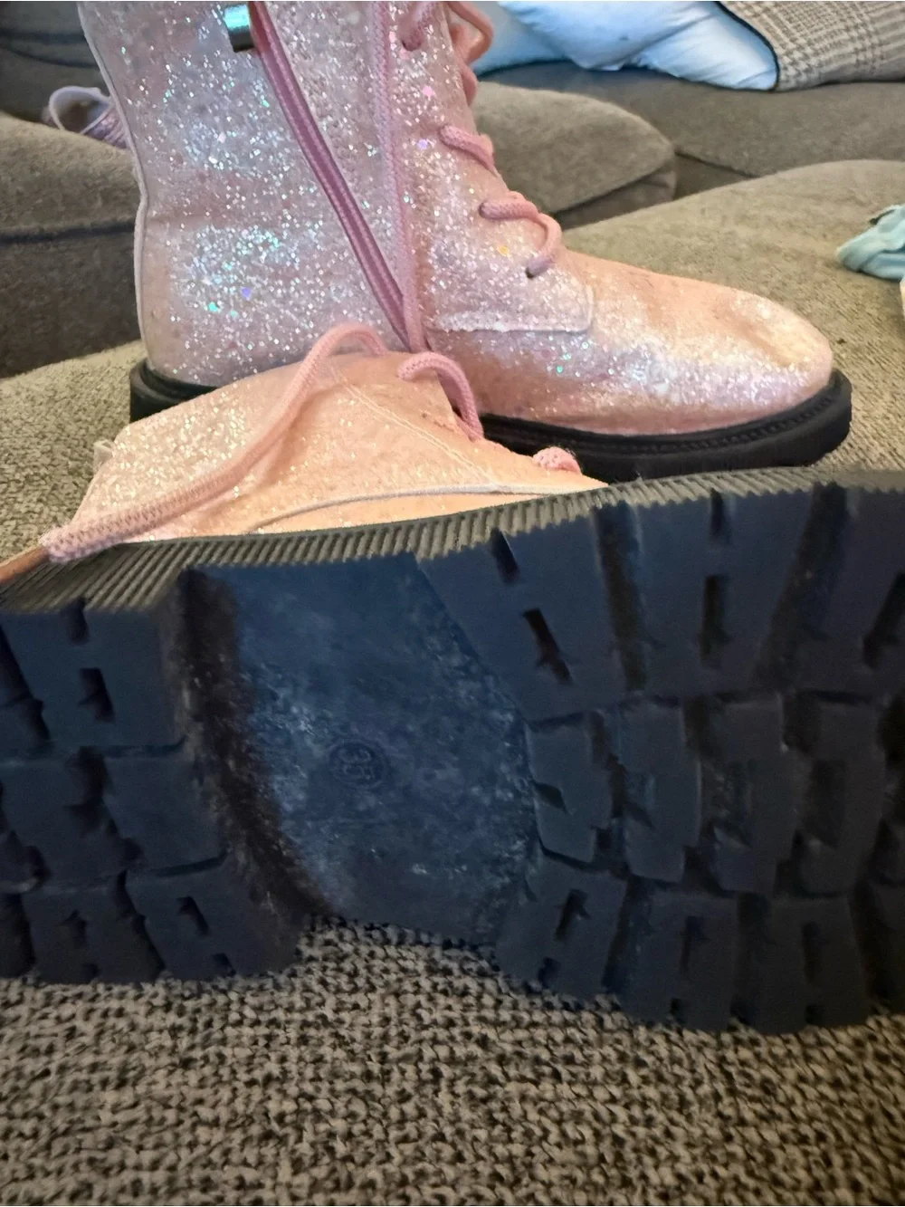 Worn once! SHEIN Pink Glitter Lace-Up Kids Boots